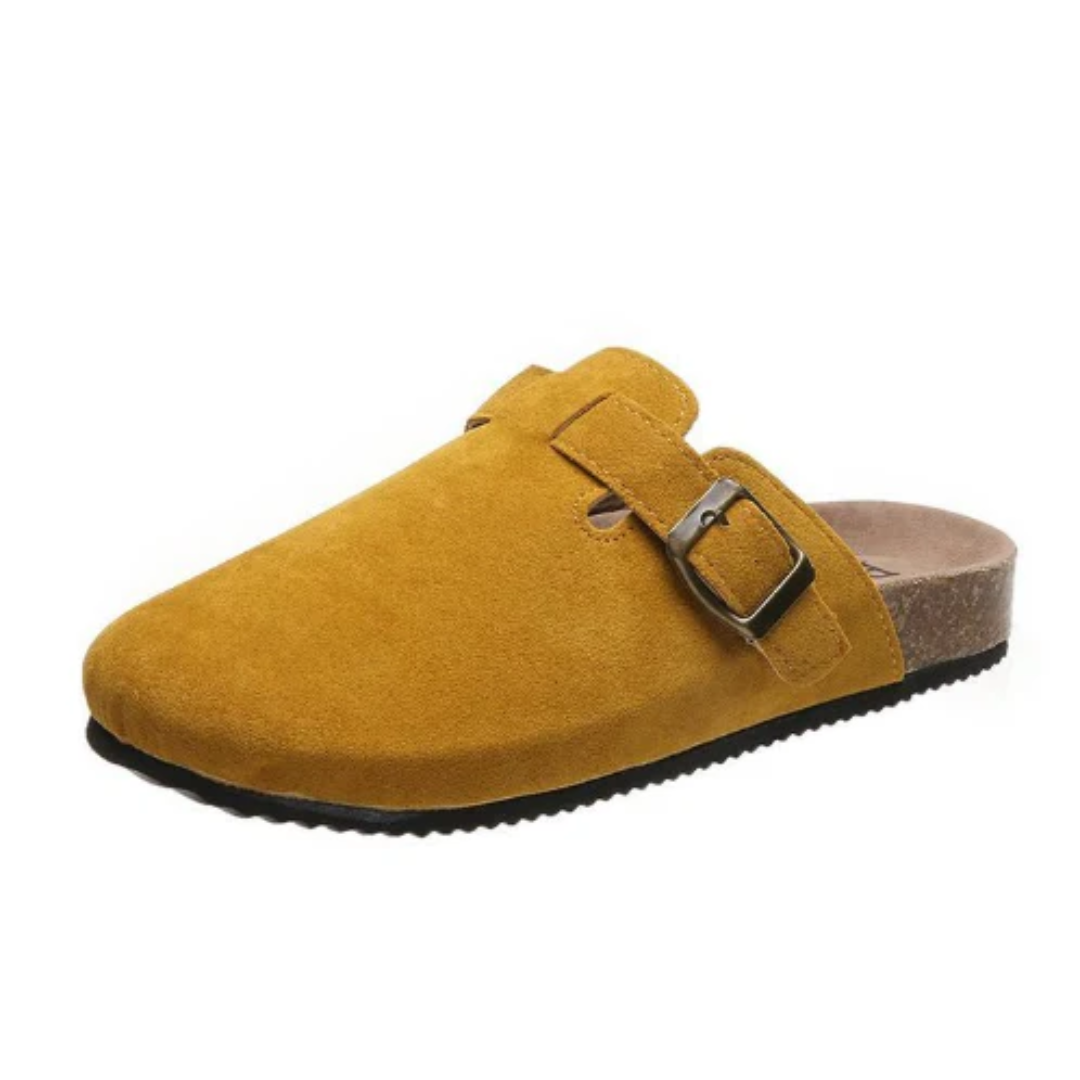 Trendy suede slip-on shoes for men & women, featuring an adjustable buckle for superior comfort.