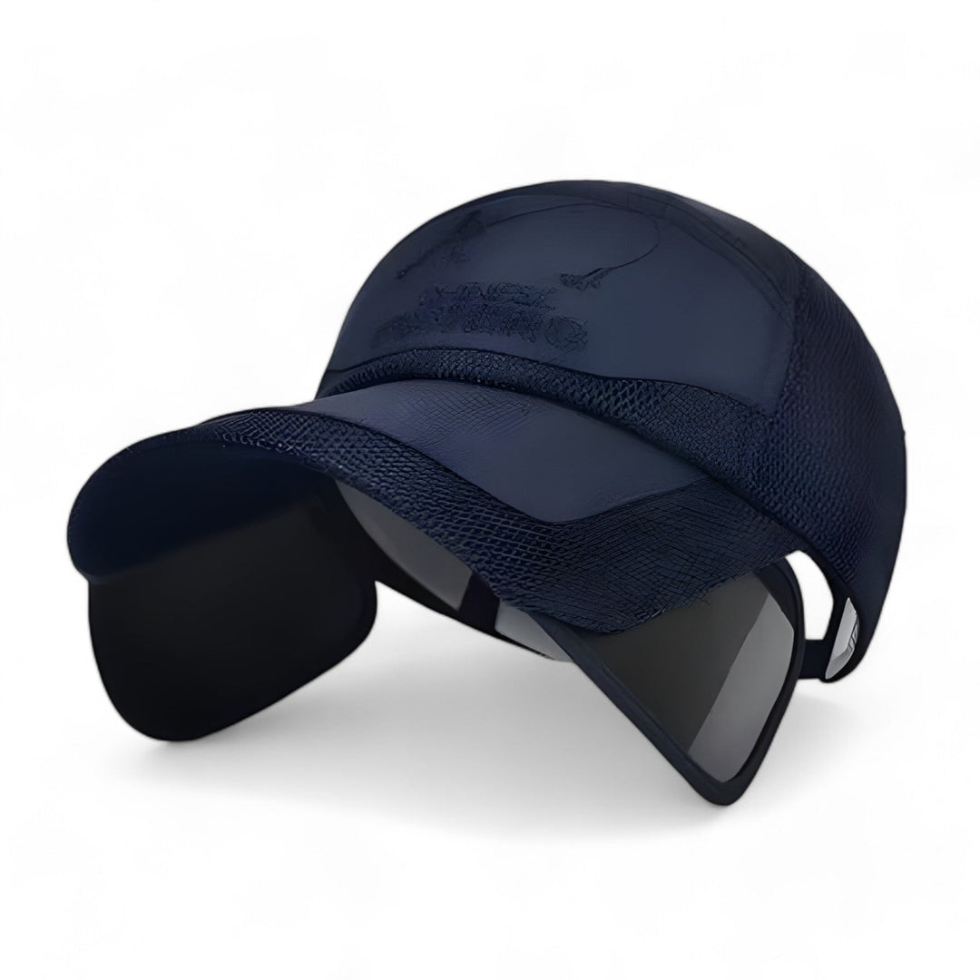 Black unisex visor cap by SunSport Kim, offering essential UV protection for runners & athletes