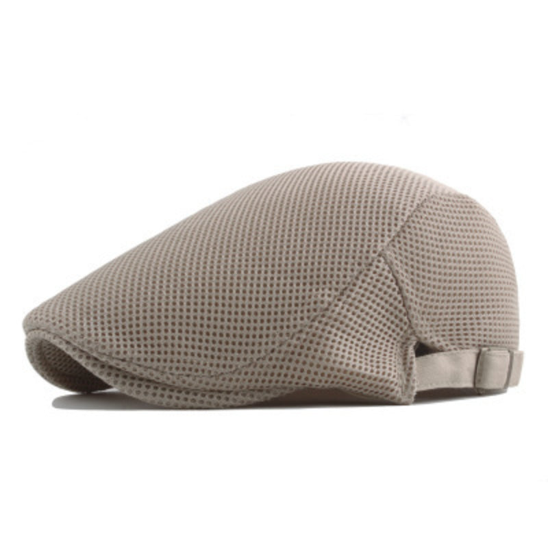 Unisex tan lightweight polyester flat cap, breathable summer hat for outdoor activities like golf, travel.