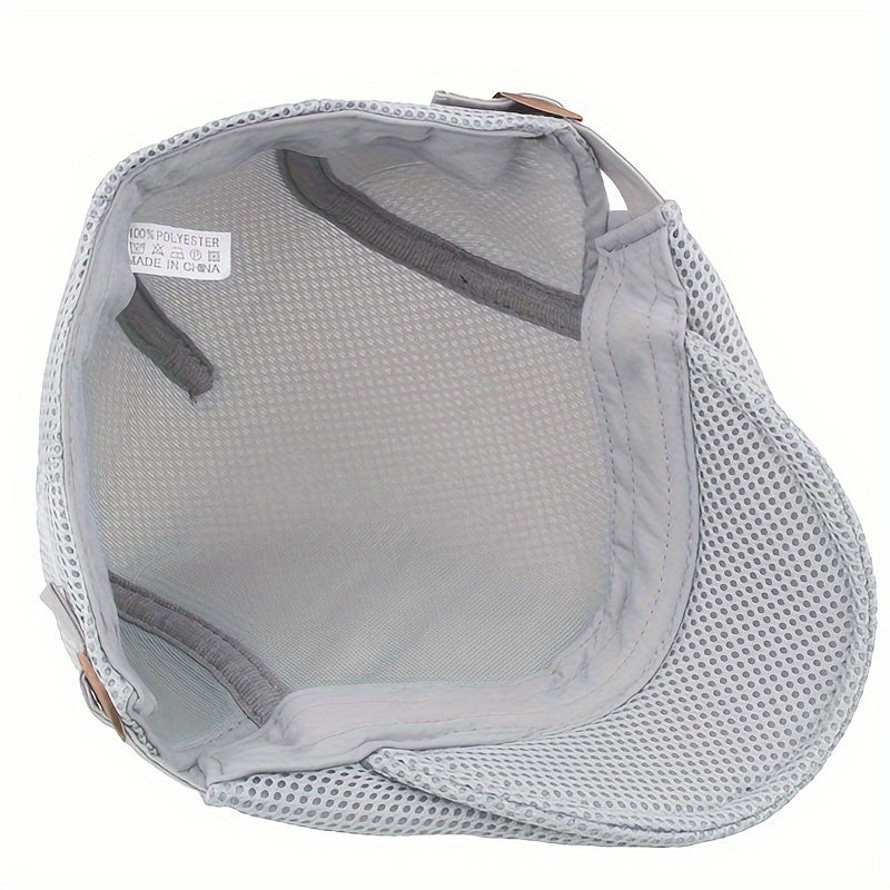 Unisex summer flat cap, neutral tone, emphasizing its breathable lightweight polyester material.