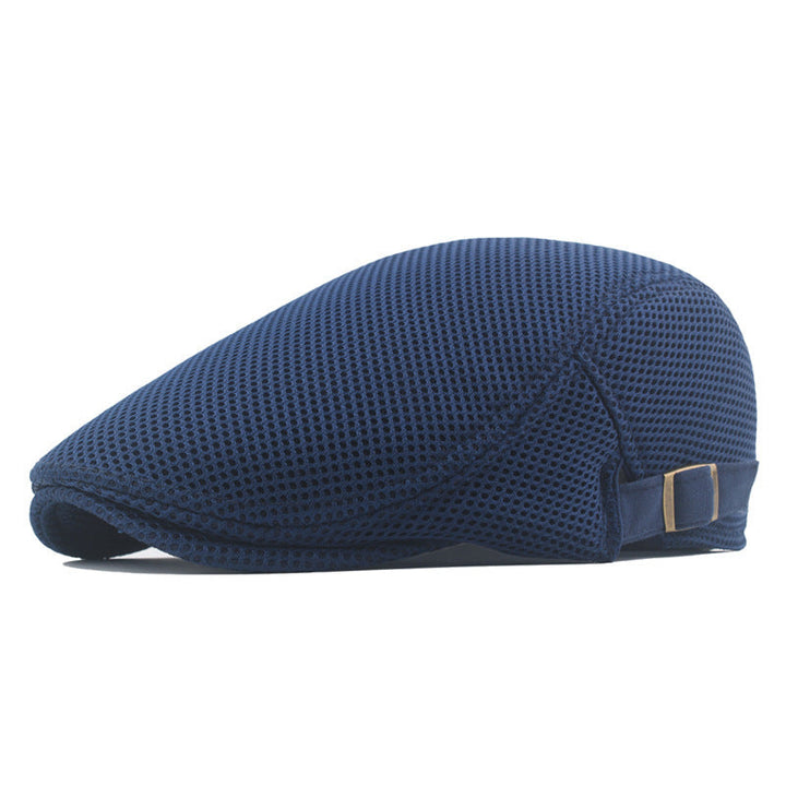 Side view of unisex summer flat cap, neutral, breathable polyester, ideal for golf and travel.