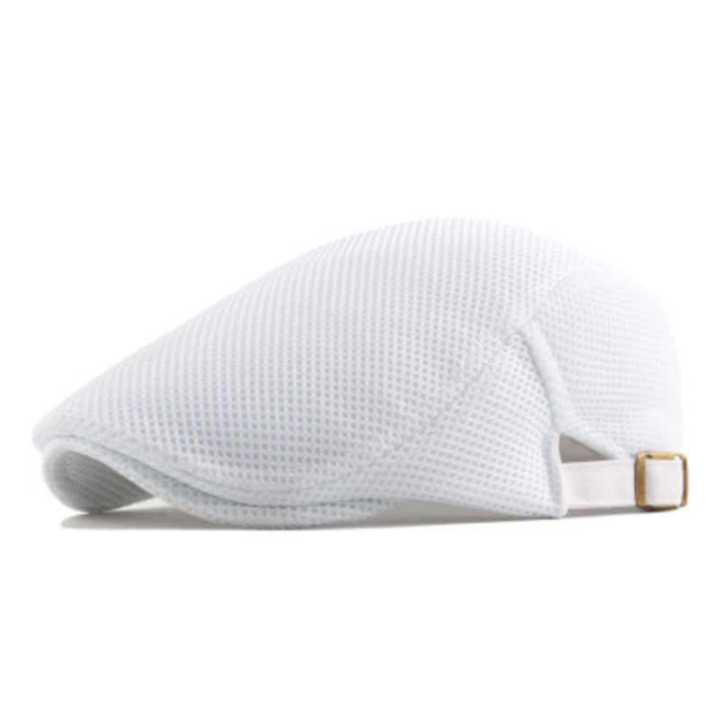 Flat lay of a lightweight breathable polyester unisex flat cap, neutral shade, essential summer hat.