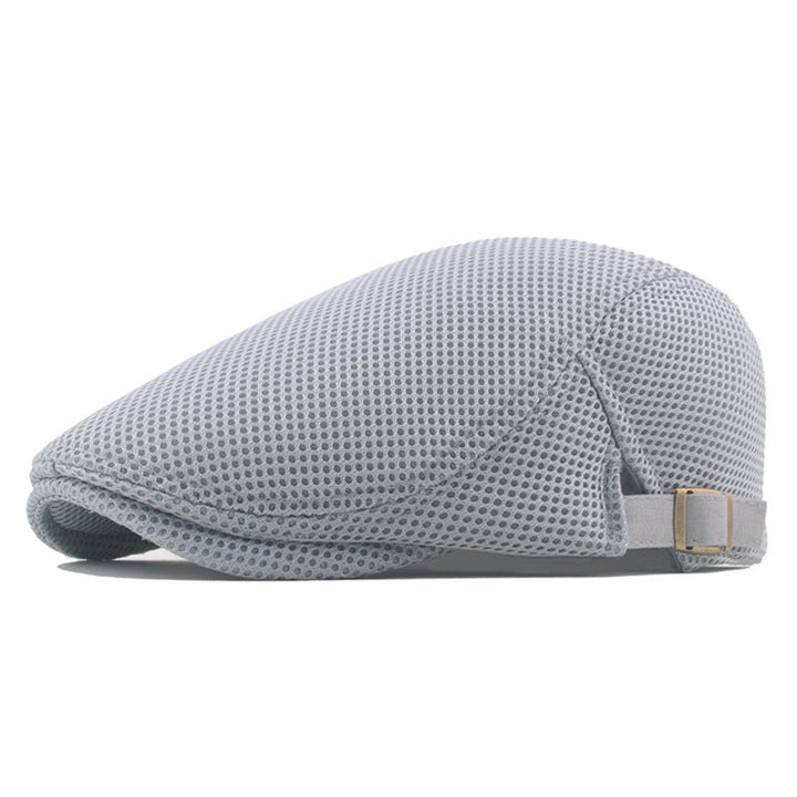 Back view of a neutral, lightweight, breathable polyester flat cap, suitable for men and women.