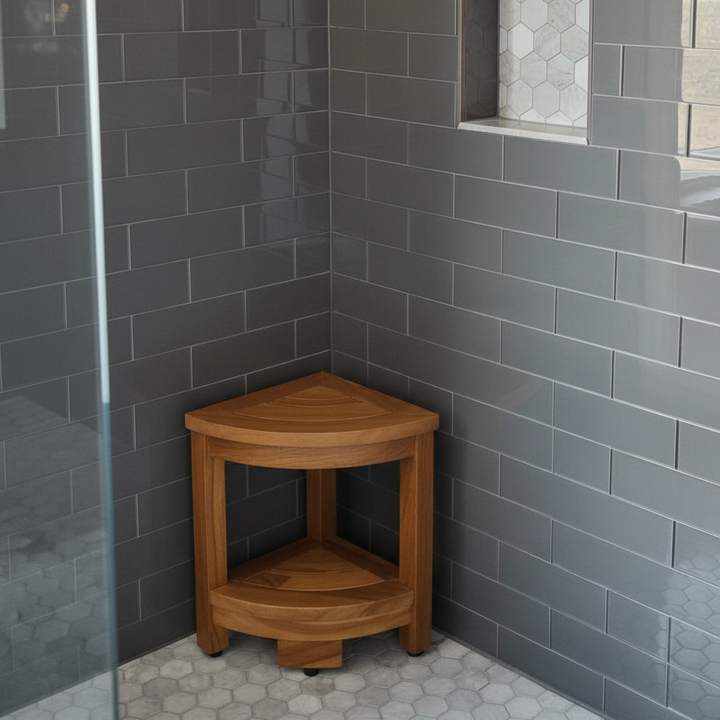 Unisex Teak Corner Shower Stool, non-slip, water resistant, for shower or bathroom corner storage