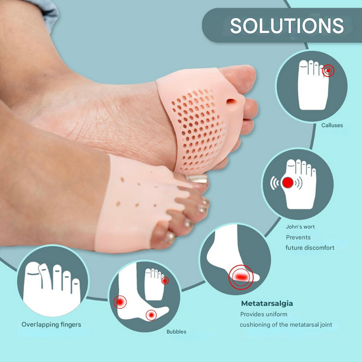 Orthopedic toe corrector spreaders with silicone cushions, providing foot support and alignment for bunions.