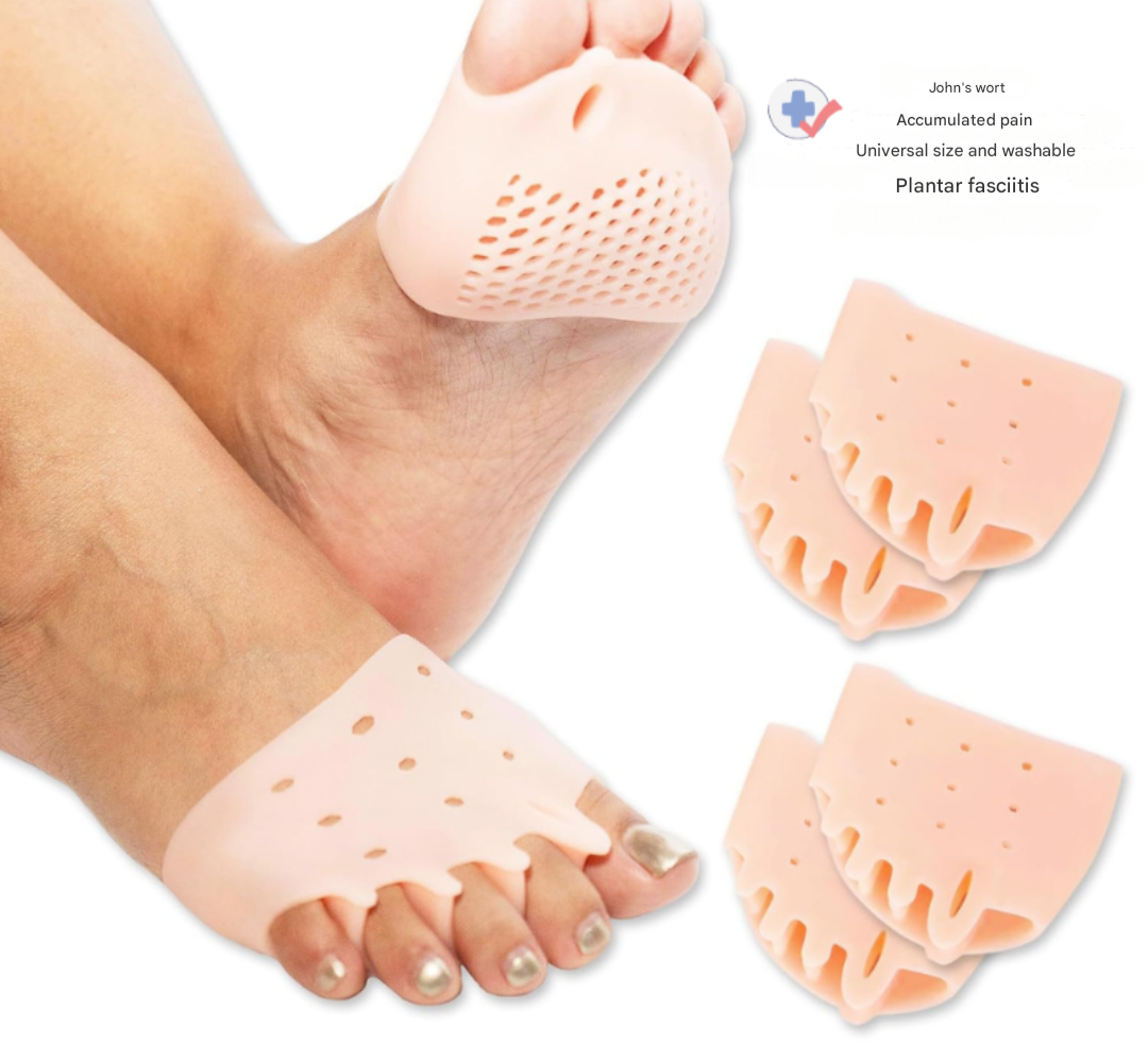 Therapeutic toe spreaders with soft silicone cushion pads offering bunion relief, arch support, and foot alignment.