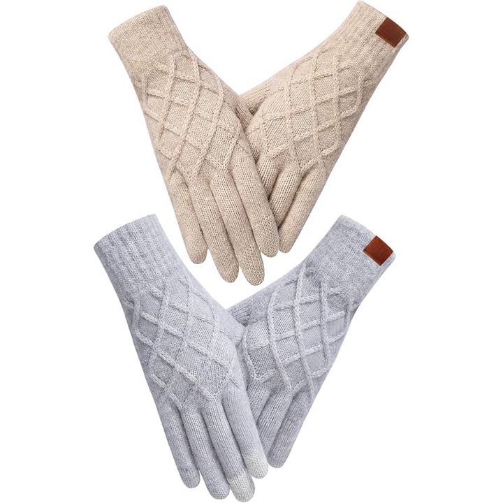 Detail of touchscreen compatible fingertips on knitted winter gloves