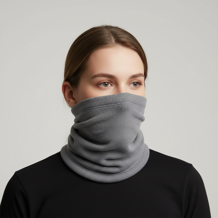 Close-up of a black thermal neck warmer with soft fleece lining for ultimate warmth