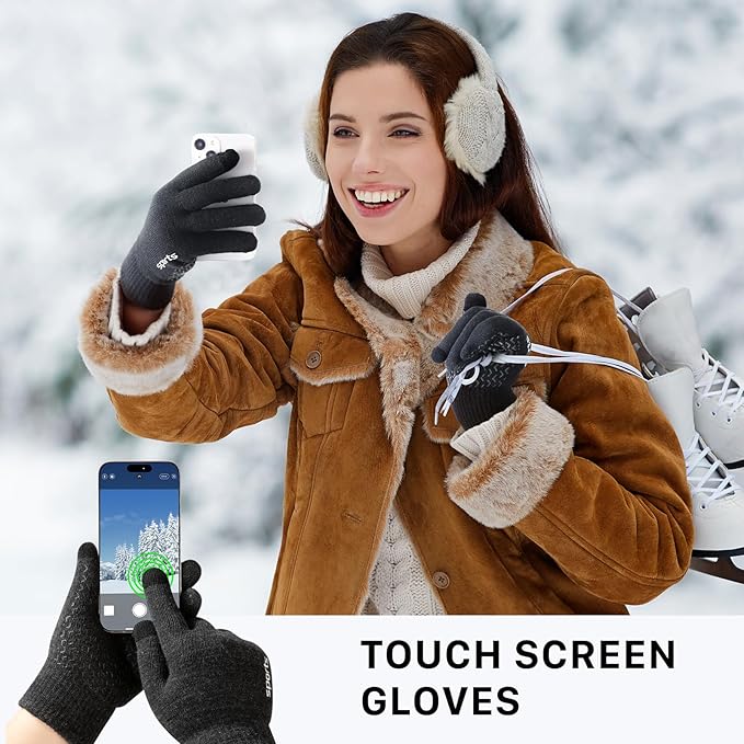 Black unisex thermal gloves featuring touchscreen compatibility for winter outdoor & sports use.