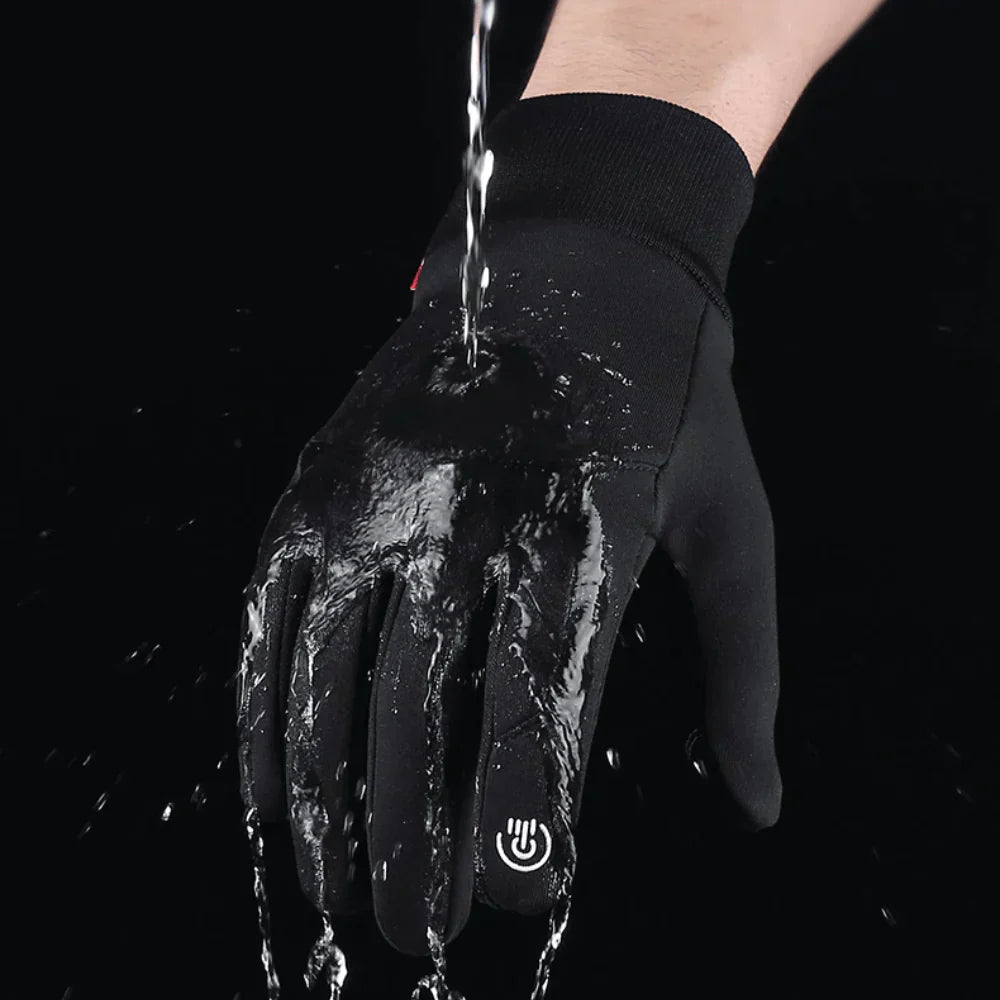 Close-up of unisex winter gloves showing touchscreen-compatible material on thumb and forefinger