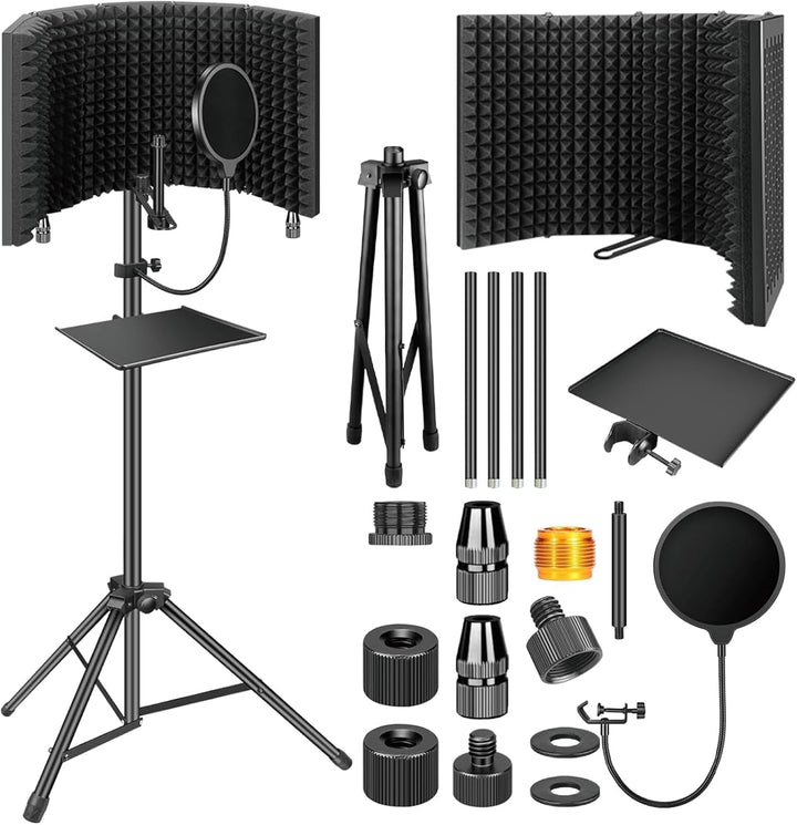 Unisex triple-layer foldable microphone isolation shield with tripod stand for vocal recording