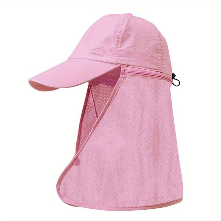 Side view of a khaki trucker hat with neck flap, illustrating comprehensive UV outdoor coverage.