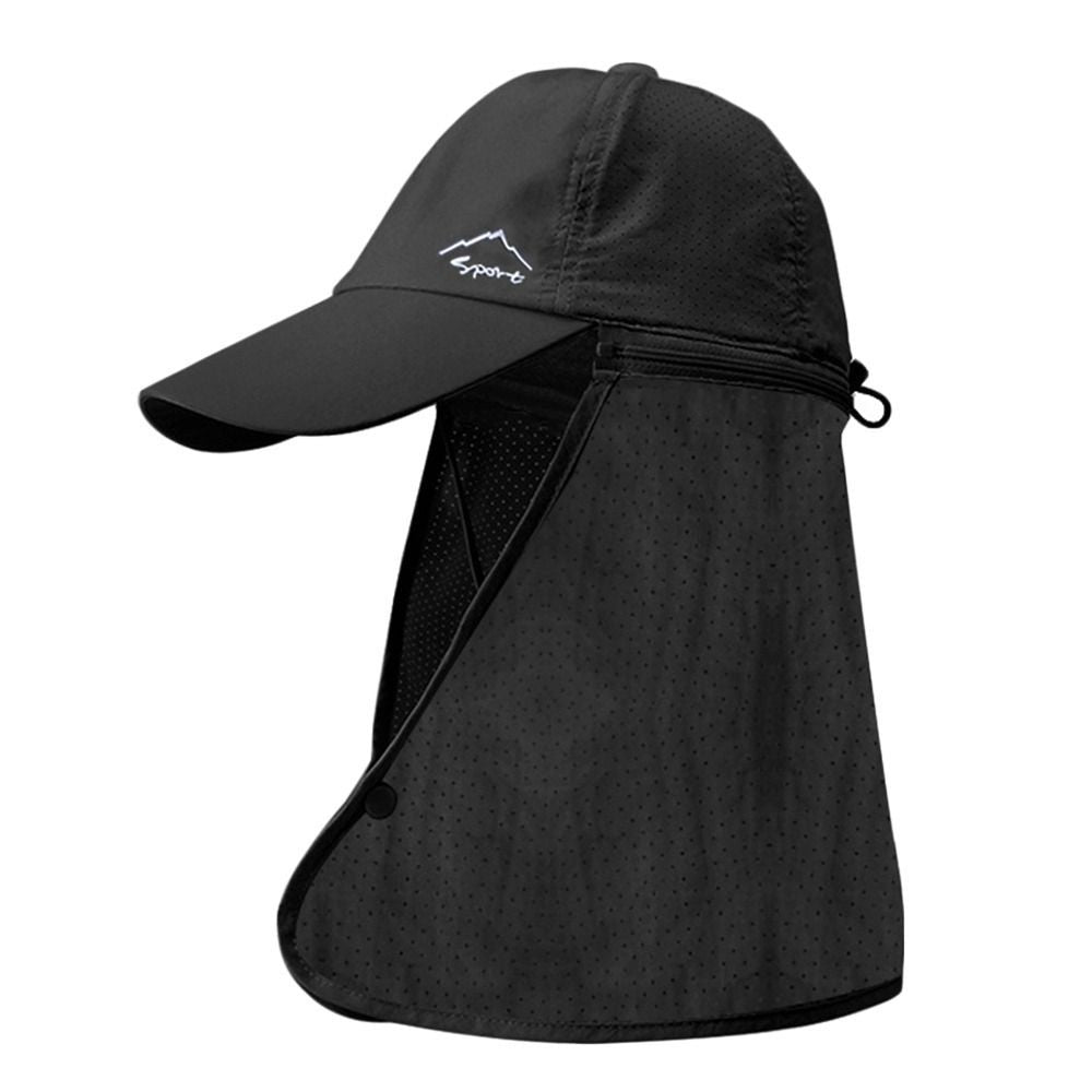 Person wearing a white trucker hat with neck flap, showcasing full ear and neck sun protection.
