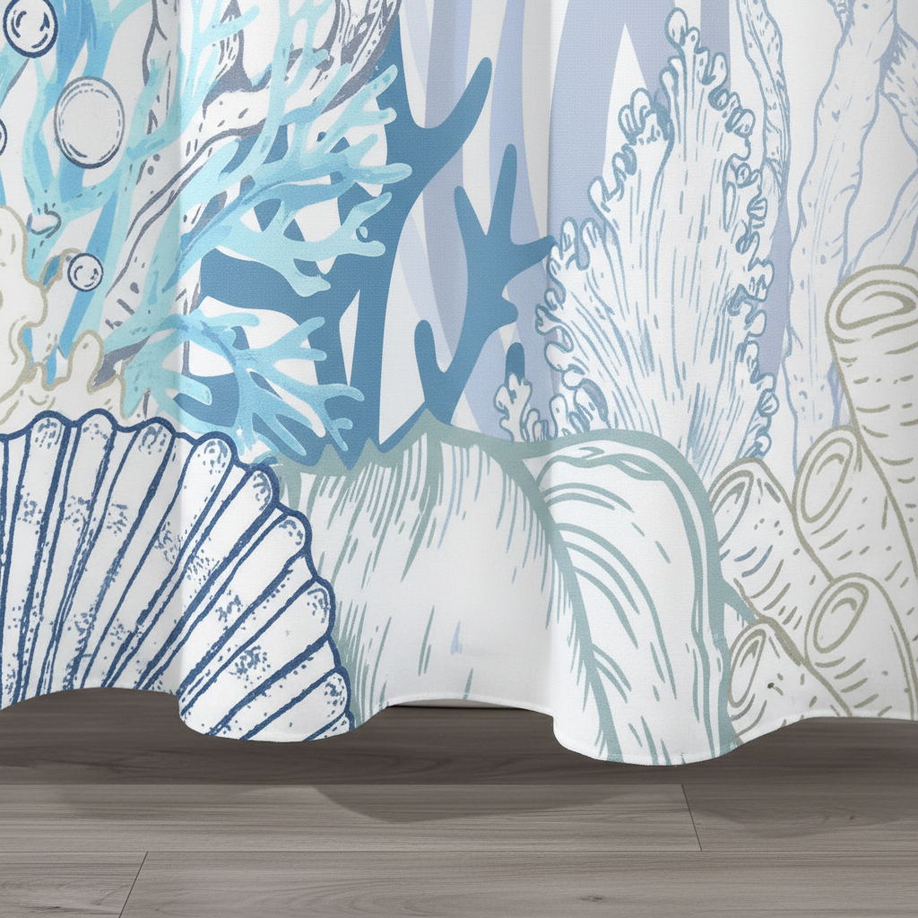 Full view of Turtle Theme Shower Curtain, ideal for marine bathroom decor, washable polyester