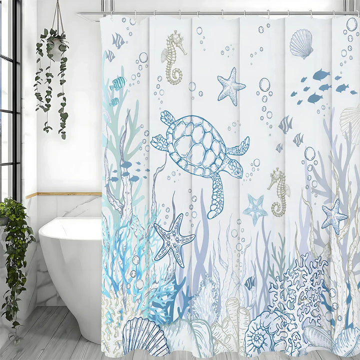 Detail of a swimming turtle on the TurtleGlide waterproof shower curtain, durable polyester