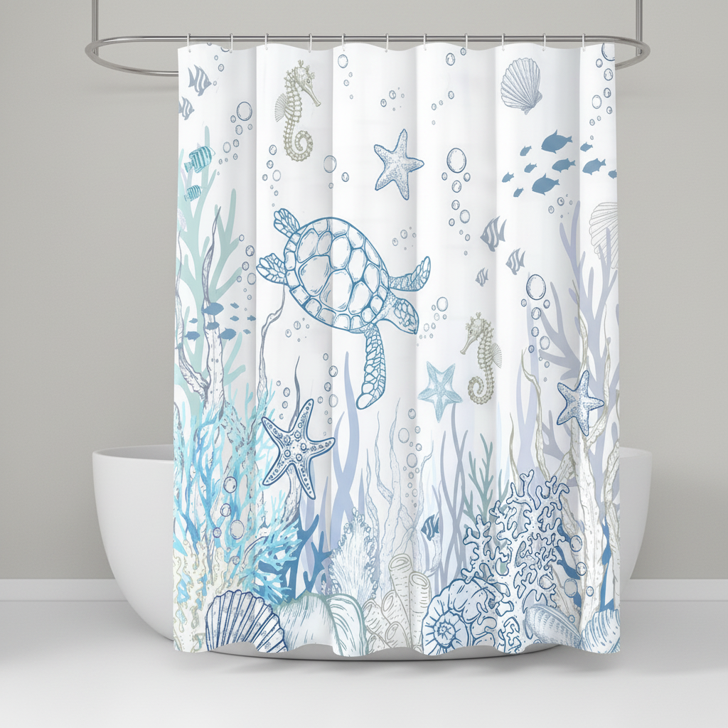 Unisex marine-themed shower curtain with multiple turtles, enhancing bathroom decor, easy clean