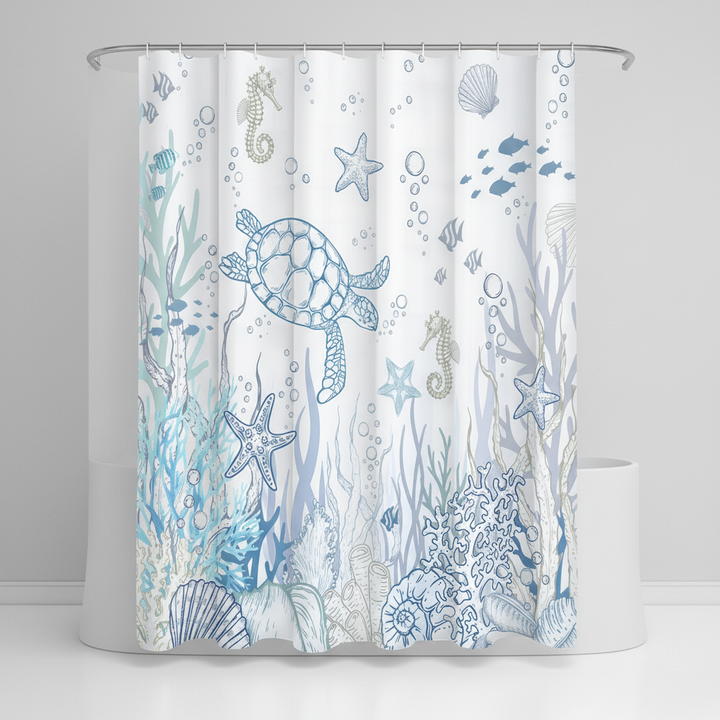 TurtleGlide shower curtain, high-quality waterproof polyester, adds charm to any bathroom