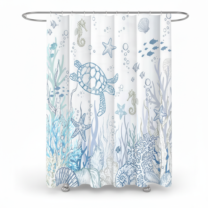 Shower curtain with a playful turtle pattern, perfect for a fun marine bathroom, washable material
