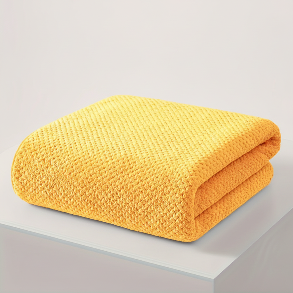 Compact folded microfiber bath towel, ideal for travel or home, absorbent and soft