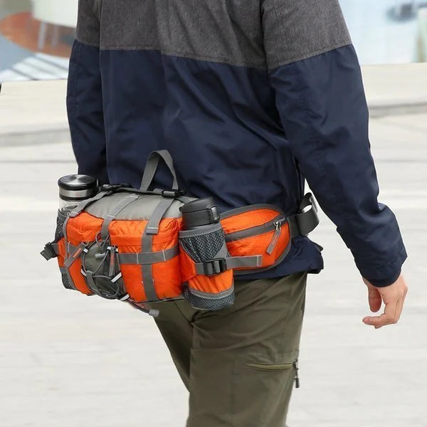 Model wearing the Ultralight Outdoor Waist Bag during a hike, highlighting its practical use and comfort