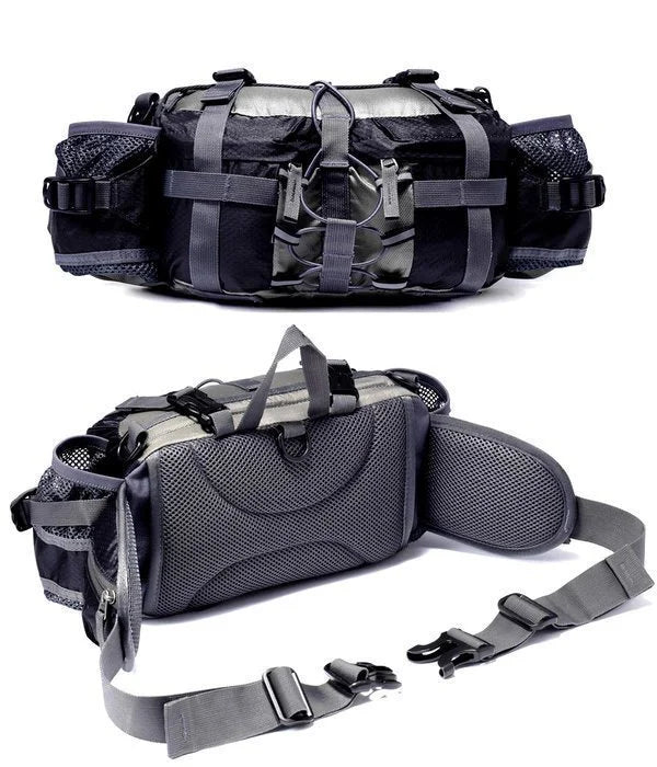 Outdoor waist bag, waterproof and ultralight, featuring multiple compartments for travel essentials.
