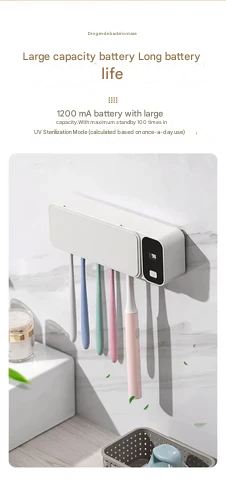 Effective UV toothbrush sanitizer, rechargeable and easy to mount for daily dental care & hygiene.