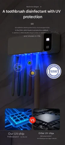 Wall-mounted UV sanitizer for toothbrushes, ensuring germ-free oral care in any modern bathroom.
