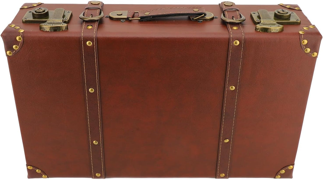 Classic brown vintage leather overnight case with alloy lock on a wooden surface, elegant decor