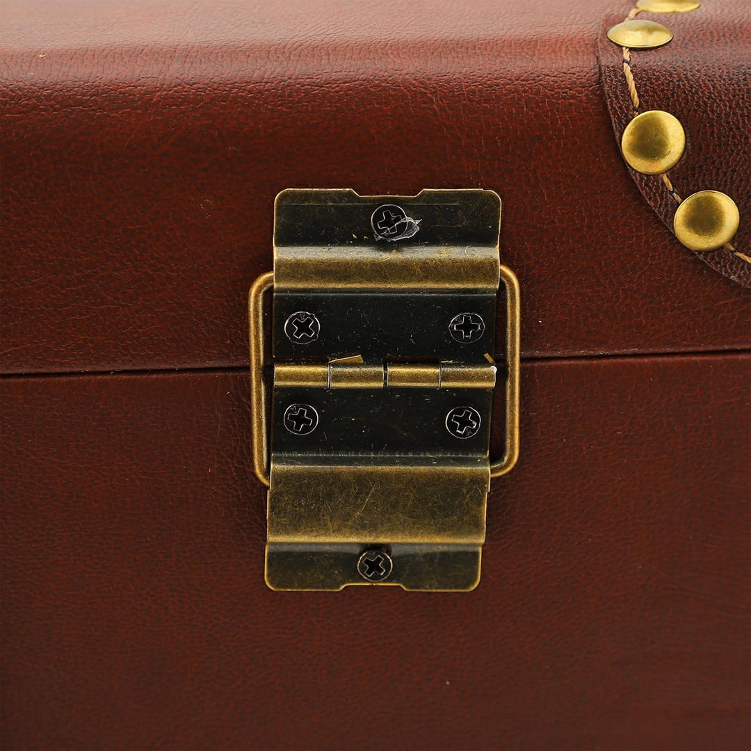 Focus on the reinforced corners of the vintage leather overnight case, durable travel luggage