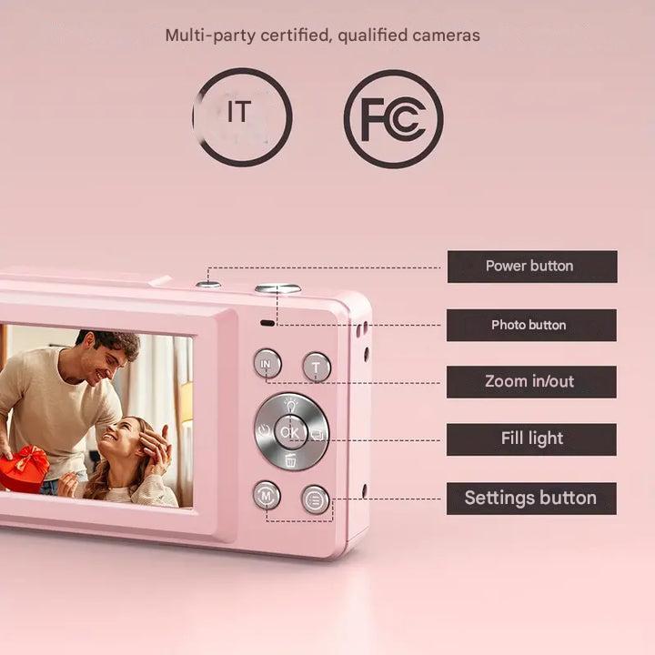 Portable vintage digital camera gadget, ideal for travel photography, shoots crisp 1080p video.