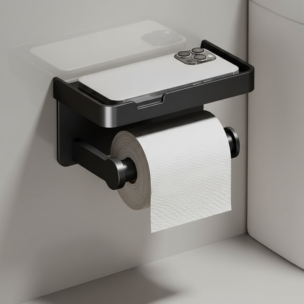 Aluminum wall-mounted toilet paper holder with storage, ideal for organizing bathroom essentials