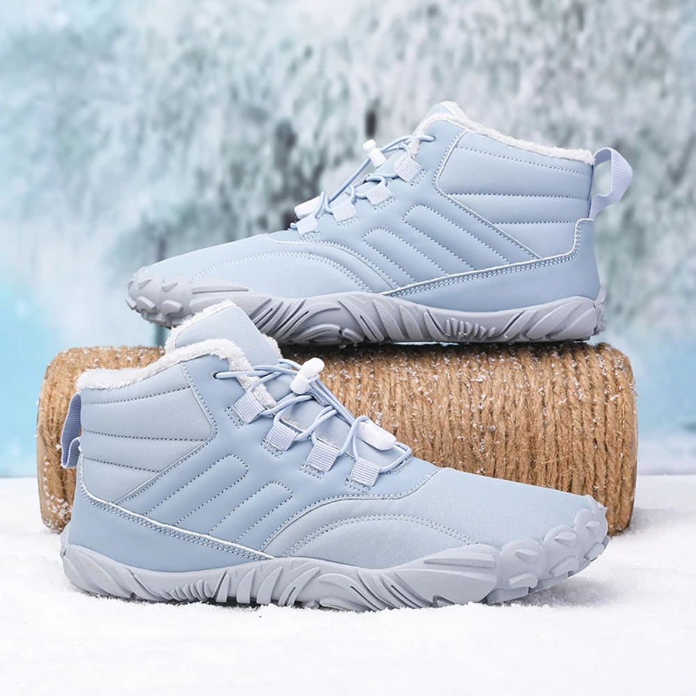 Stylish FrostFlex winter barefoot boots, warm & waterproof design, perfect for snow and outdoor fashion.