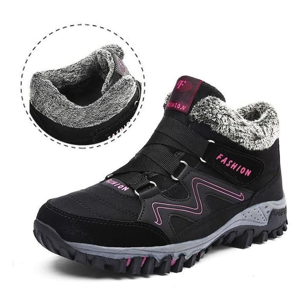 Black unisex warm waterproof snow boots, durable, perfect for cold winter days.