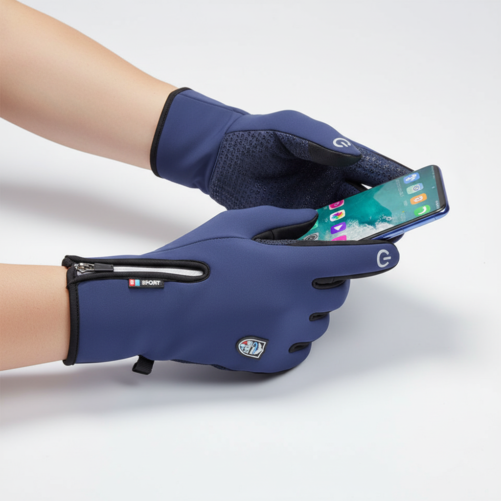 Model wearing Unisex WarmTouchPro touchscreen winter gloves, suitable for cold weather and outdoor gear