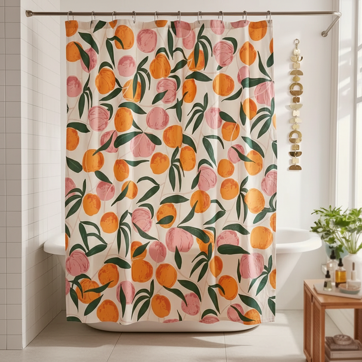 Unisex water-repellent peach design shower curtain, vibrant PeachAura polyester for modern bathroom decor