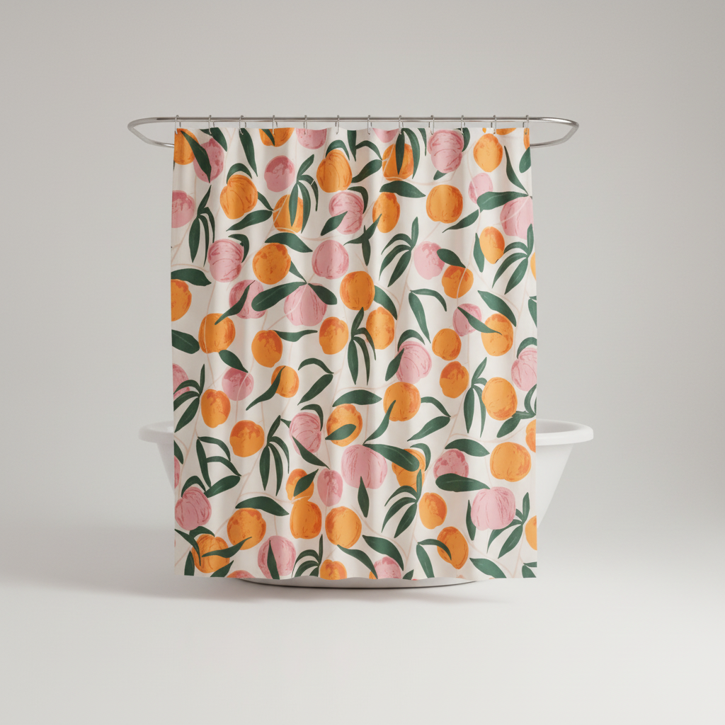 Easy-care polyester shower curtain featuring a unique peach design, perfect for home bathroom decor