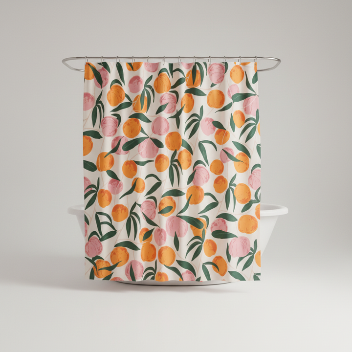 Easy-care polyester shower curtain featuring a unique peach design, perfect for home bathroom decor