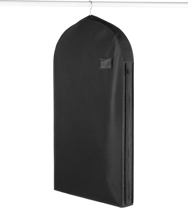 Unisex water-repellent zippered garment bag with front pocket for suits & dresses. Ideal travel clothes protector.