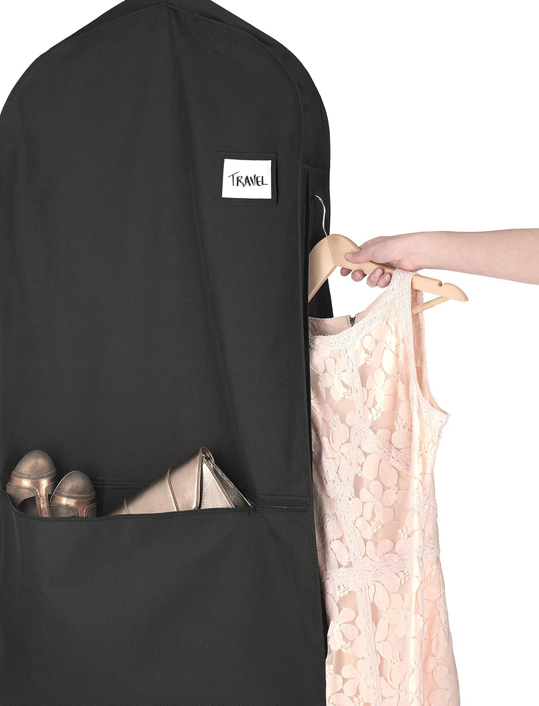 Heavy-duty water-repellent zippered garment bag with pocket. Unisex design ensures clothes protection during travel.