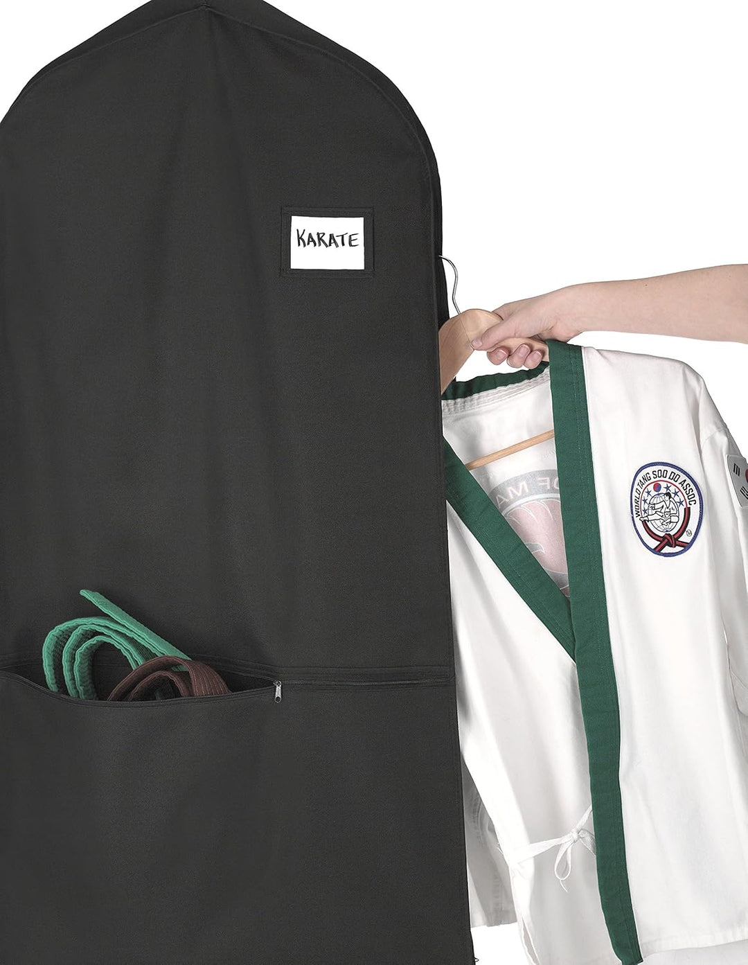 Travel garment bag, water-repellent & zippered. Unisex, protects suits & dresses from dust. Features accessory pocket.
