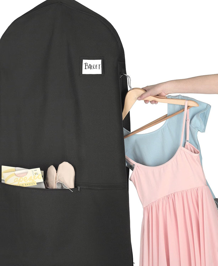 Durable unisex water-repellent travel garment bag with zipper closure & accessory pocket. Perfect for suits.
