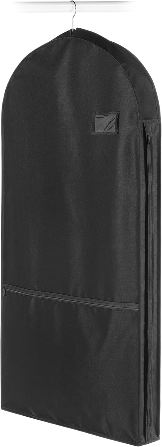 Premium water-repellent zippered garment bag for suits & attire. Unisex travel accessory with handy storage pocket.