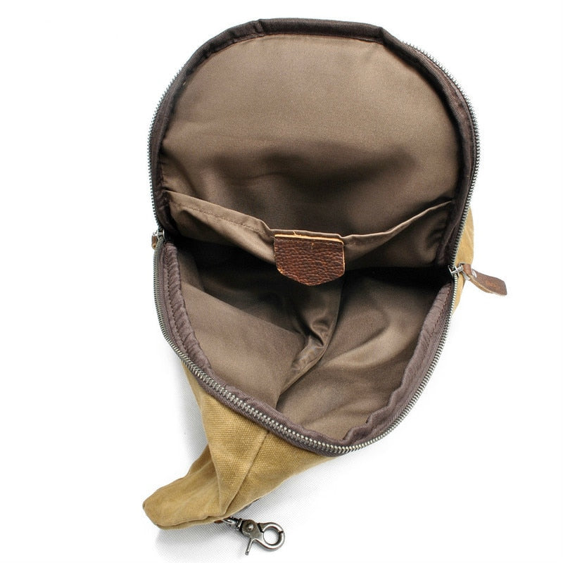 Side profile of versatile water-resistant canvas shoulder bag, compact yet spacious for travel.