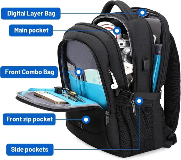 Durable travel backpack, water-resistant, ideal for school, business trips & daily essentials.
