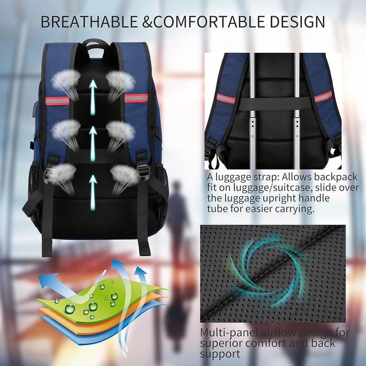 Smart water-resistant backpack, anti-theft design, USB charging for phones, holds laptops securely.