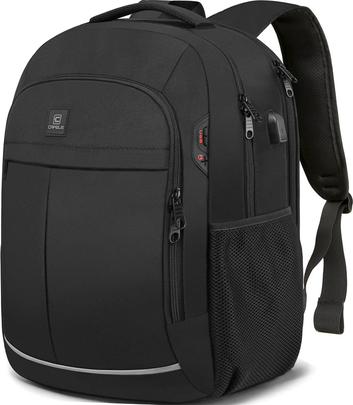 Ergonomic anti-theft laptop backpack, water-resistant, USB charging, comfortable for long commutes.