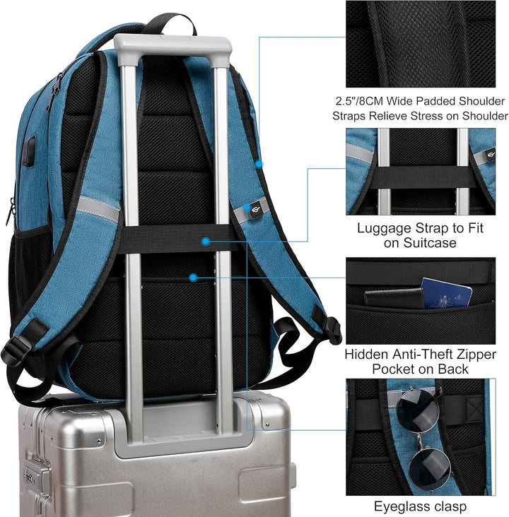 TechPro water-resistant travel backpack with anti-theft pockets and convenient USB charging port.