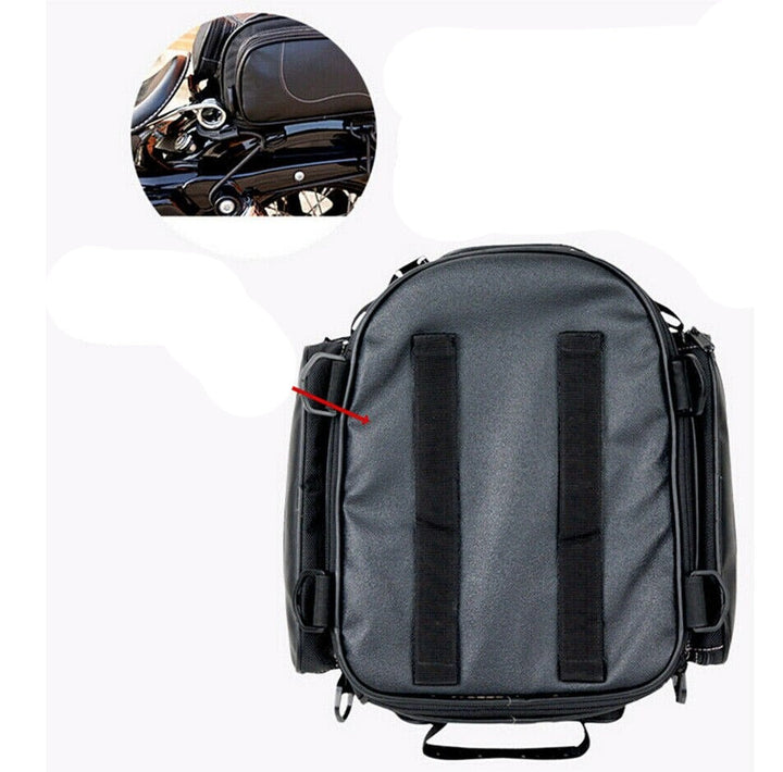 Versatile unisex motorcycle tail bag. PU leather, waterproof, & expandable for ultimate bike storage.