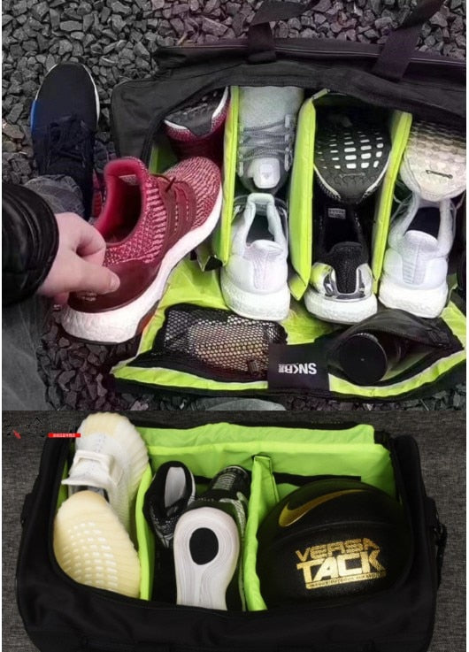 Interior view of the gear bag, showcasing separate sections for sneakers, clothes, and toiletries.