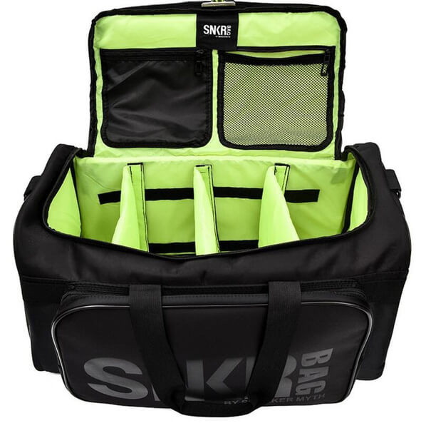 Sleek black unisex sneaker & gear bag featuring customizable options for ultimate organization.